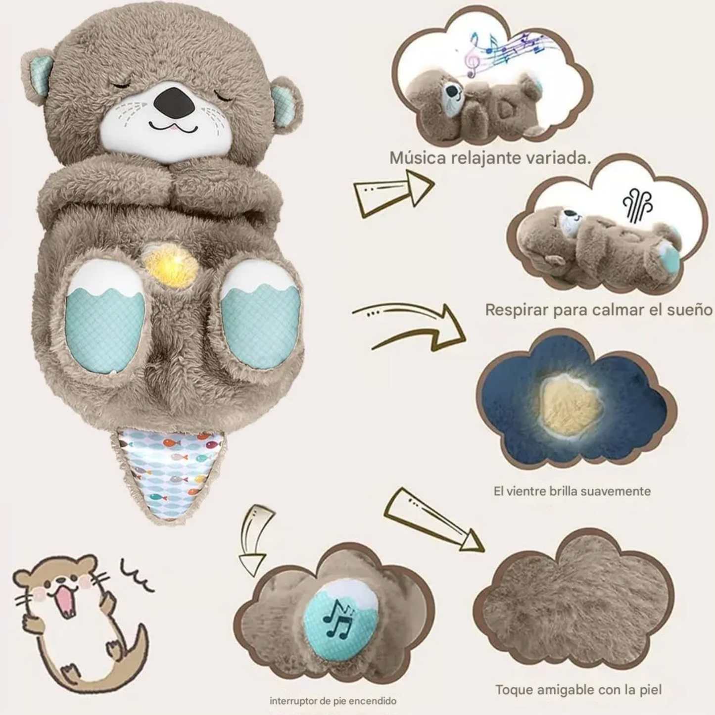 🦦 Peluche Interactivo Movimiento, Luz y Música 32 cm